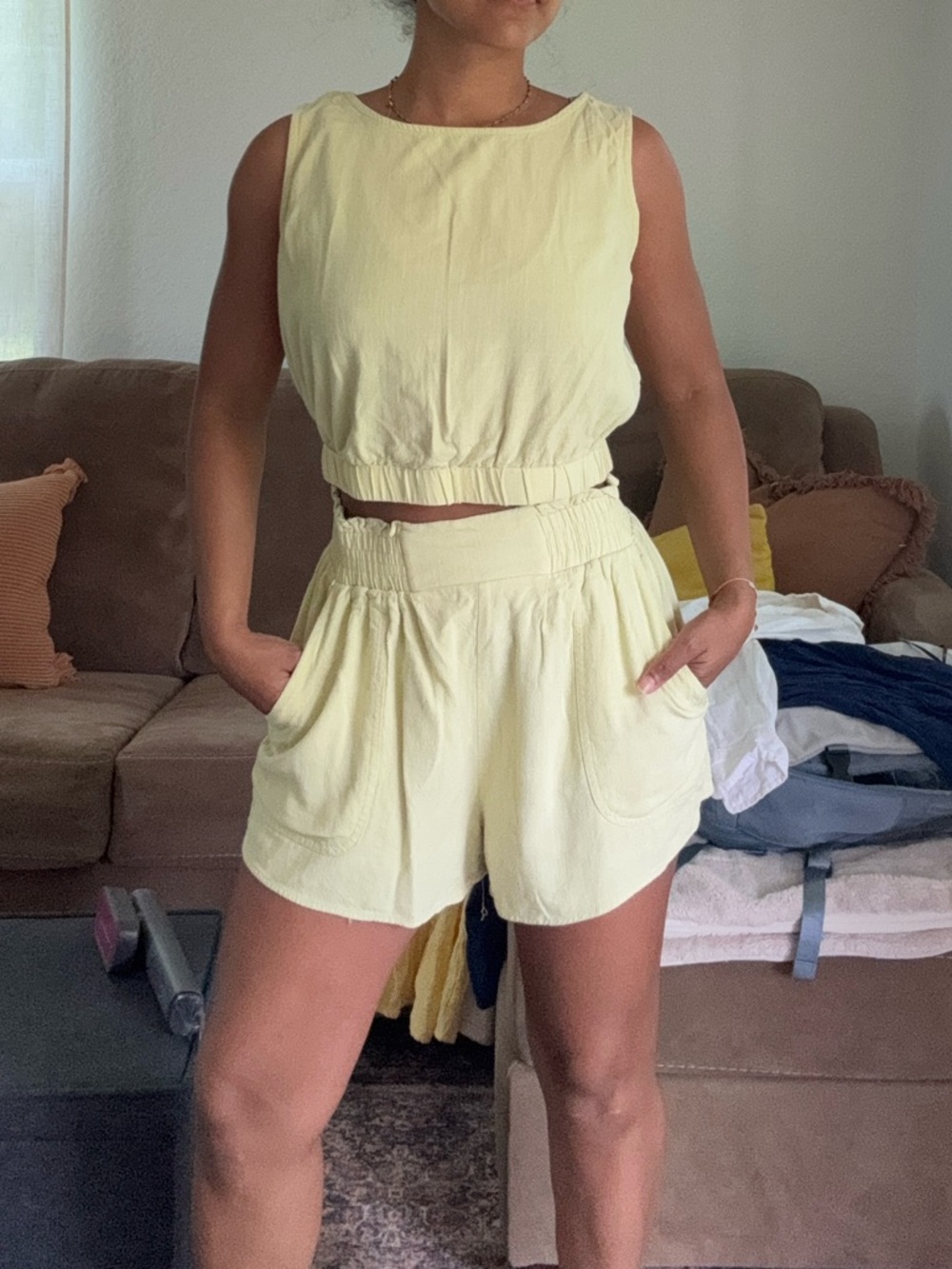 Women's Yellow Elastic-Waist Lounge Top and Bottom linen set